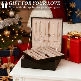 BEWISHOME Jewelry Box Organizer, 2-Layer Necklace Organizer Box, Modern Style Necklace And Bracelet Storage Case, Necklace Case for Women, Girls (Black SSH31B)