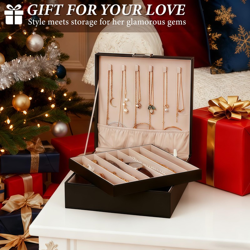 BEWISHOME Jewelry Box Organizer, 2-Layer Necklace Organizer Box, Modern Style