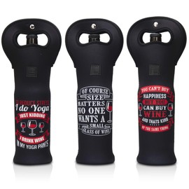 Bolsa de transporte para vino con cierre de asa magnética de Made Easy Kit de neopreno para botella de champán o bolsa de regalo – Juego de 3 (líneas de vino divertidas, negra)