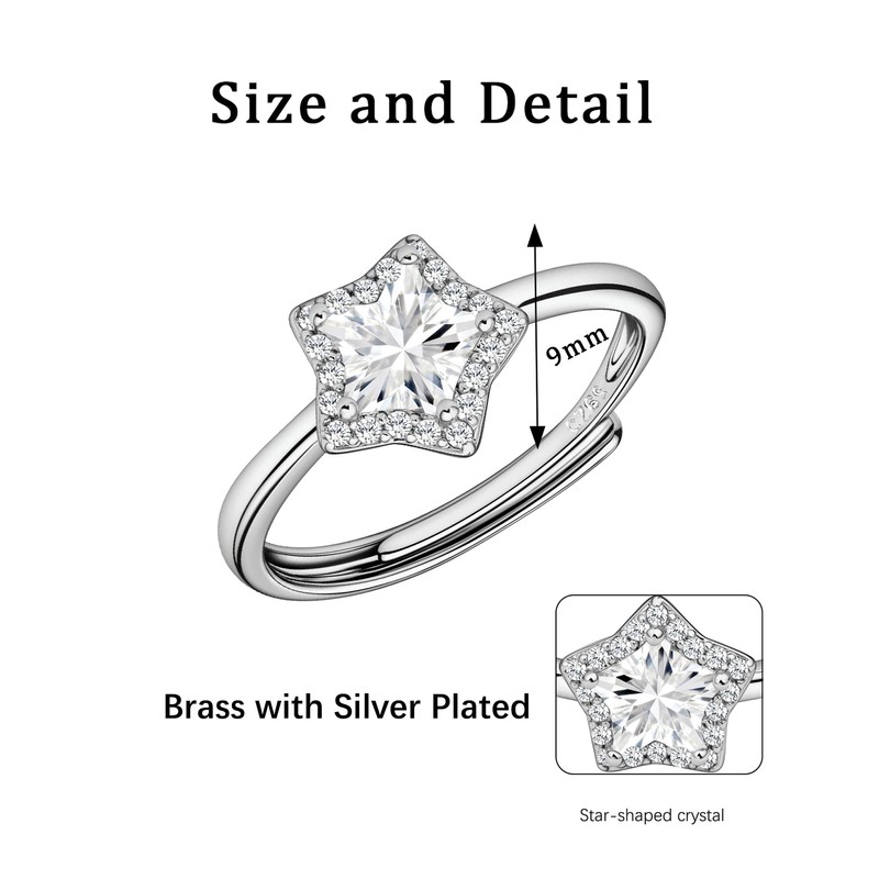 Watforsh Silver Star Celestial Crystal CZ Stone Y2k Stackable Adjustable