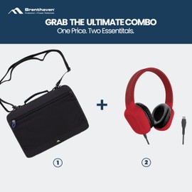 Brenthaven Tech Accessory Kit - Tred Carry Sleeve 11 inch Work in Case + Rugged Headphones Wired USB C (Red) - Lightweight Protection & Tangle Free Plug & Play for Kids School Travel or Remote Work