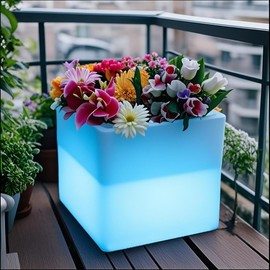 Mr.Go 16-inch LED Flower Pot Light w/Remote, 16 Color Changing Colorful Glowing Cube Flowerpot, Rechargeable Lighted Planter & Ice Bucket for Home Decor, Garden, Party, Wedding, Gifts