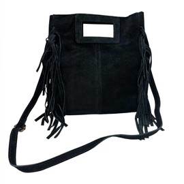 Handbag Suede Bag with Fringes Shopper Suede Made in Italy Suede Shoulder Bag in Two Designs, V1 Black