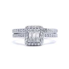 Jewelco London Sterling Silver Round & Baguette CZ Shoulder-set Square Solitaire-style Wedfit Bridal Rings Set