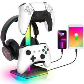 AnnuoYi RGB Headset Stand，Headphone Stand with 2 USB Charging and 1 Type-C, Gaming Controller Holder with 10 Light Mode and Memory Feature, Universal Headset Stand Accessories for Desk Gamers