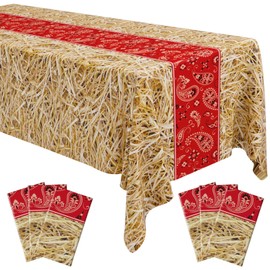 6 Pcs Western Cowboy Party Tablecloth, 54 x 108 Inch Plastic Bandana Party Tablecloths, Bandana Paisley Straw Table Cover, Rodeo Table Cloth for Western Mexican Birthday Favor Supplies