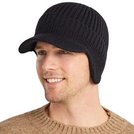 Yixda Men's Winter Hat with Visor Beanie Cap Ear Protection Warm Knitted Hat, black