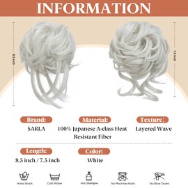 SARLA 2PCS White Messy Bun Hair Pieces for Women Wavy Curly Synthetic Hairpieces for Updos with Tendrils Fake Scrunchies Ponytail Extension