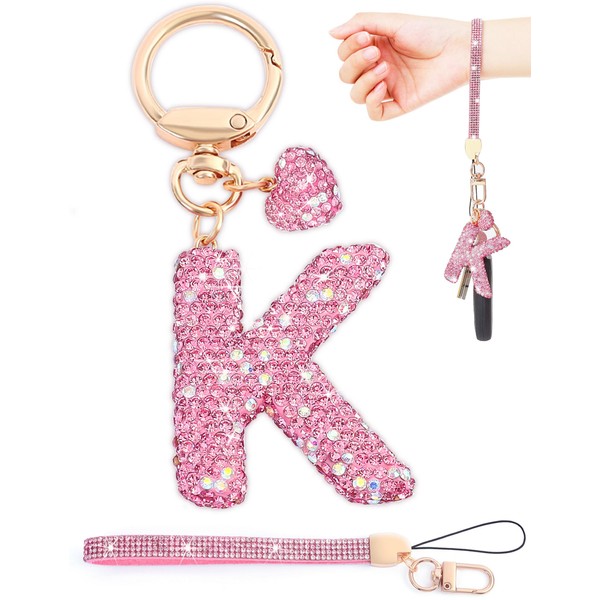 Pink Bling Initial Keychain for Women Girls,Sparkly K Letter Key