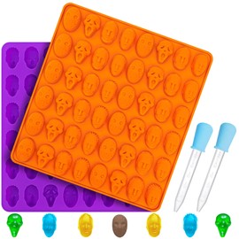 Halloween Chocolate Molds, KKDINDAN 3D Skull Silicone Gummy Molds, 96 Cavity 2 Pack Food Grade Mini Scary Characters Head Mold with 2 Droppers, Non-stick Candy Molds for Halloween Party Decoration