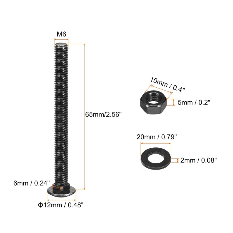 sourcing map M6x65mm Square Neck Carriage Bolts with Nuts &