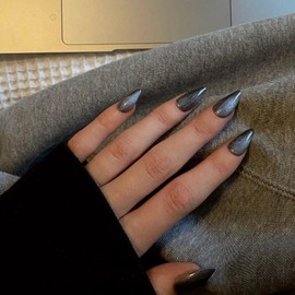 KQueenest Smoky Grey Glitter Press on Nails Short Almond with UV Coating, Thick Cat Eye Fake Nails Press on, Sparkle Shinny Acrylic False Nails with Bling Designs, 30 Pcs Acrylic Nails for Women Party Wear