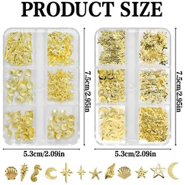 2Boxes Gold Nail Charms Star Ocean Metal Small Star Moon Seashell Starfish Summer 3D Charms Jewelry Manicure Decorations for Nail Art DIY Accessories Supplies