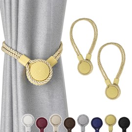 Pretty Jolly 2 Pack Strong Magnetic Curtain Tiebacks Unique Medal shape Decorative Drape Tie Backs Elegant Hand-Woven Rope Curtain Holdbacks for Home & Office Draperies Decor (Gold)