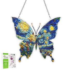 LOMSIOY Diamond Art Hanging Kit for Adult, Butterfly Front Door Sign Hanging for Outdoor, Starry Night Double Sided Summer Decor Suncatcers for Porch, Hanging Pendants for Garden Wall （8x8 Inch