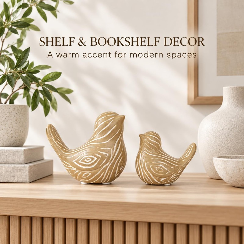 2 Pack Wood Grain Ceramic Bird Figurines, Small Bird Statues