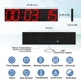 CHKOSDA Digital Wall Clock, Oversize Led Digital Clock Large Display with Auto Dimmer, Huge Countdown Timer with Remote Control, 27" Wide Led Display, 6 Digits, Wall Mount, Date and Temperature (Red)