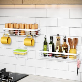 Orimade Adhesive Shower Caddy Soap Dish Holder Shelf with 5 Hooks Bathroom Organizer Basket Kitchen Storage Rack Wall Mounted No Drilling Stainless Steel - 3 Pack, White