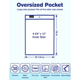 SUNEE 30 Packs Oversized Reusable Dry Erase Pocket Sleeves with 2 Rings, 10 Assorted Colors 10x14 Ticket Holders, Clear Plastic Sheet Protectors, Teacher School Classroom Supplies