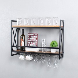 MBQQ Rustic Wall Mounted Wine Racks with 7 Stem Glass Holder,30in Industrial Metal Hanging Wine Rack,2-Tiers Wood Shelf Floating Shelves,Home Room Living Room Kitchen Decor Display Rack