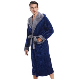 Inner Wish - Albornoz con capucha para hombre, albornoz largo de felpa acogedora y cálida bata de spa para hombre con bolsillos, Azul marino/Gris oscuro, Small-Medium