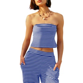 Panadila Womens Striped Two Piece Sets Summer Lounge Outfits Sailor Tube Top and Pants Matching Set Beach Vacation Travel Y2k (Royal Blue Combo,M)