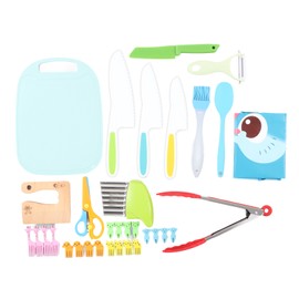 33Pcs Kids Kitchen Knife Set Wooden Knife Serrated Edges Plastic Knife Potato Knife Peeler Cutting Board and More