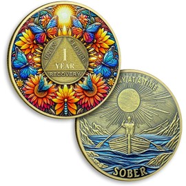 7 Year Sobriety Coin Sunflower Seven Year Sobriety Coins Butterfly AA Chips and Medallion One Day at A Time AA NA Coin Recovery Anniversary Token Sobriety Gifts for Men Women Alcoholics Anonymous Gift