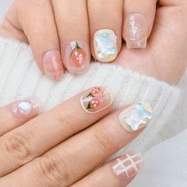 Sethaxy French Nail Tip, Short False Nails, Cute, Rhinestones, False Nails, 3D Relief, Flower, Fashion, Trapezoid Tip, Flash Drill, Press On Nail (Yellow)