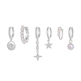 TOBS Earrings Set of 6 Sterling Silver Gold Stud Earrings Set Stars Zirconia Earrings Gold-Plated Pearls Hoop Earrings with Pendant Earrings Jewellery Gift, Silver