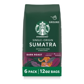 Starbucks Ground Coffee, Dark Roast Hot or Iced Coffee, Single-Origin Sumatra, Six 12 oz Bags​