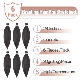 DT Cheryl Pre-Stretched Braiding Hair, 66 cm, Pack of 6, Easy To Crochet, Hot Water Setting, Professional, Soft, Yaki Texture, Extensions, Crochet Braids, 4#