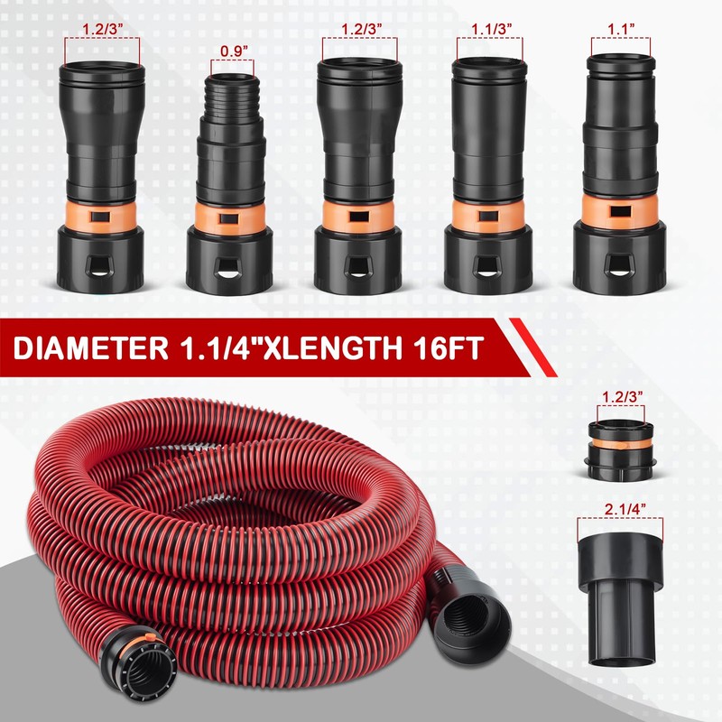 16FT Vacuum Hose Extension with 6 Adapter Attachments,Fits 1-1/4" Vacuum