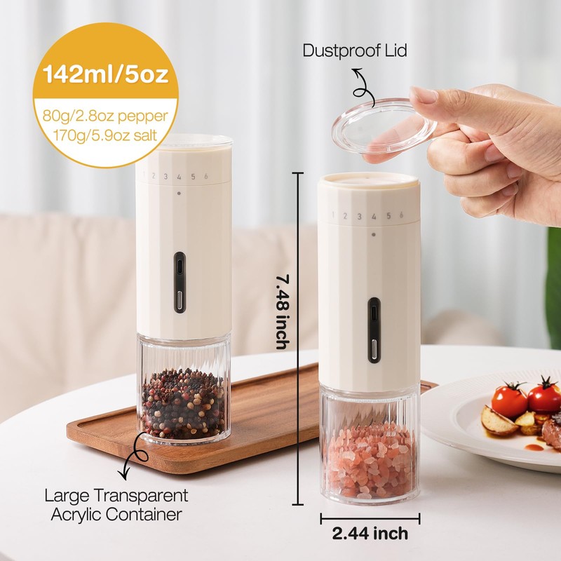 Vucchini Electric Salt and Pepper Grinder Set 6-Level External Adjustable
