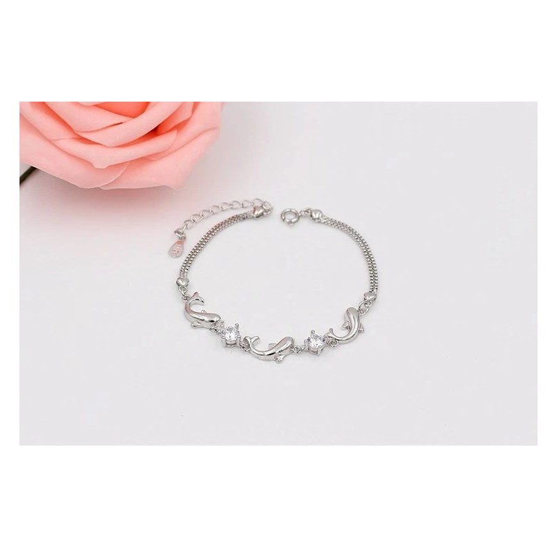 Women Sterling Silver Bracelet Dolphin Link Cubic Zirconia Crystal Gift