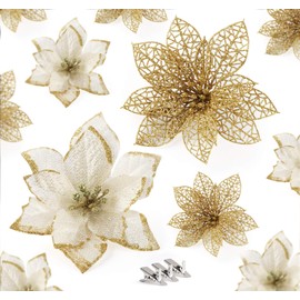 ABSOFINE Glitter Christmas Poinsettia Flower Ornaments 24Pcs Gold Artificial Flower Tree Decorations for Christmas Tree Wendy Wreaths Decor