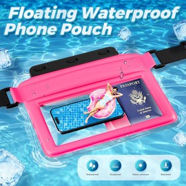 JOTO Bolsa Impermeable Flotante Grande para Celular, Riñonera Correa Cintura Funda Seca Cartera Móvil Universal Pasaporte Reloj Objeto Valor Imprescindible Playa Kayak Náutica Nadar Esnórquel -Rosa