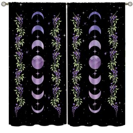 SENRUEGT Moon Flower Bedroom Curtains,Natural Plant Phase Moonlight Bohemian Natural Print Living Room Decor Curtains 42x63in,Decor