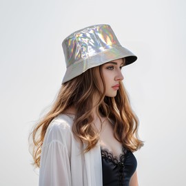 MILAKOO Waterproof Bucket Hat Punk Hip Hop Hologram Metallic Bucket Hat Waterproof Rain Hat for Unisex, B2:Silver