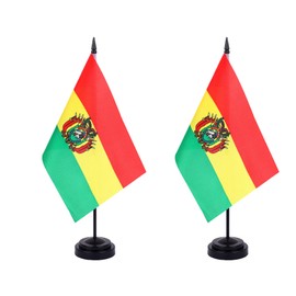 2 Pack Bolivia Flag Bolivia Deluxe Desk Flag Set - Mini Small Bolivian Table Office Flags with Black 12" Solid Pole Stand Base Classroom Meeting Desktop Decorations