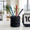 Fun Tire-Shaped Pen Holder – Black PVC Desk Organizer for