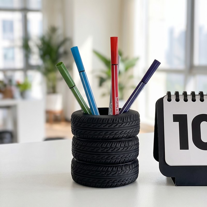 Fun Tire-Shaped Pen Holder – Black PVC Desk Organizer for