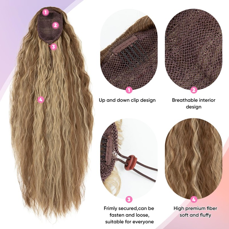 YUMOREAL Drawstring Ponytail Extension 26inch Long Fluffy Wavy Hairpiece for