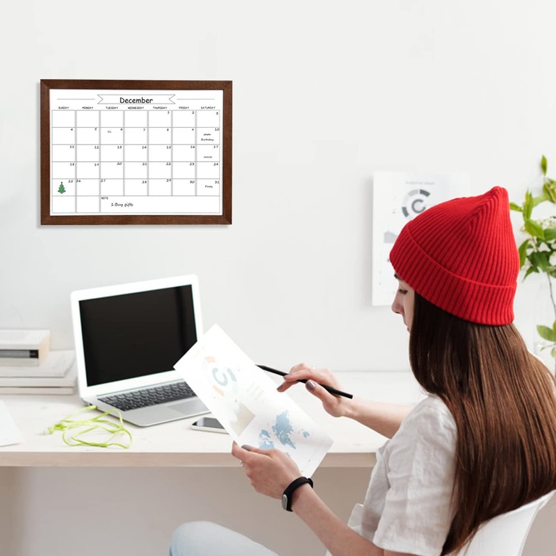 Dry Erase Monthly Calendar Whiteboard, Magnetic White Board for Wall,Brown