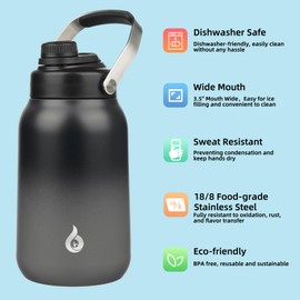 BJPKPK Half Gallon Insulated Water Bottles, 64oz Water Jug with Metal Handle & BPA Free Spout Lid, Dishwasher Safe Flasks, Large Stainless Steel Gym Sport Jugs, Black Grey