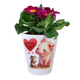 Pig with Mouse and Heart Flower Pot with Saying Schön DASS es Dich gibt Animal Motif in Red Friendly Look Small and Full of Love