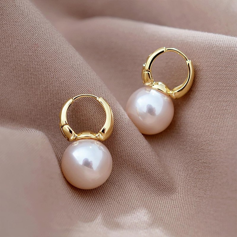 Pearl Drop Statement Earring for Women,14K Gold Small Pearl Huggie