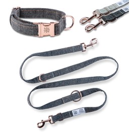 Jack & Russell Tweed Set Dog Lead 2.0 m + Collar with Rose Gold Carabiner - Dog Lead Elegant Multiple Adjustable (S/M, Dark Grey - Mottled)