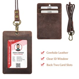 Boshiho Vertical Style Cowhide Leather ID Card Badge Holder with Heavy Duty Lanyard (Genuine Leather Dark Brown)