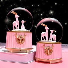 Crystal Ball Music Box Elk Figure Music Box Colourful Night Light Snow Globe Car Rotating Music Box Home Decoration Children Girls Women Musical Gift for Birthday Valentine's Day Christmas